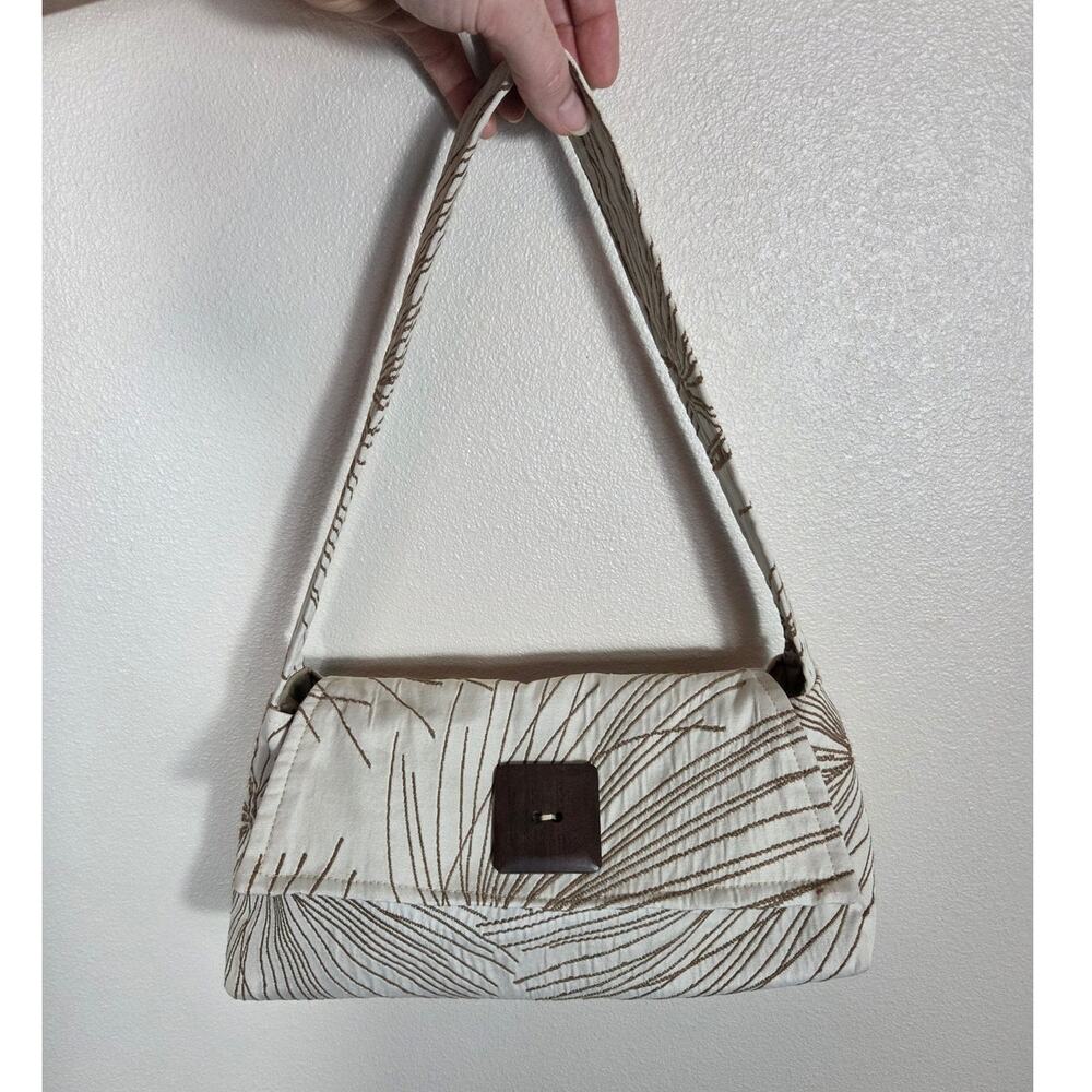 Dana Herbert Y2K Cream & Brown Embroidered Canvas Shoulder Bag 2000's Mini Boho